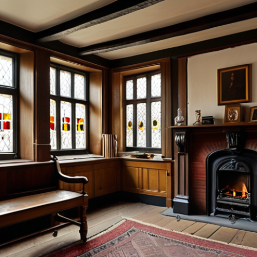 **Image Prompt:** Interior of a traditional Dutch house in Haarlem. Focus on authentic details: beamed ceilings, stained glass windows, original fireplace, cozy atmosphere, old books. Soft light filtering through windows.