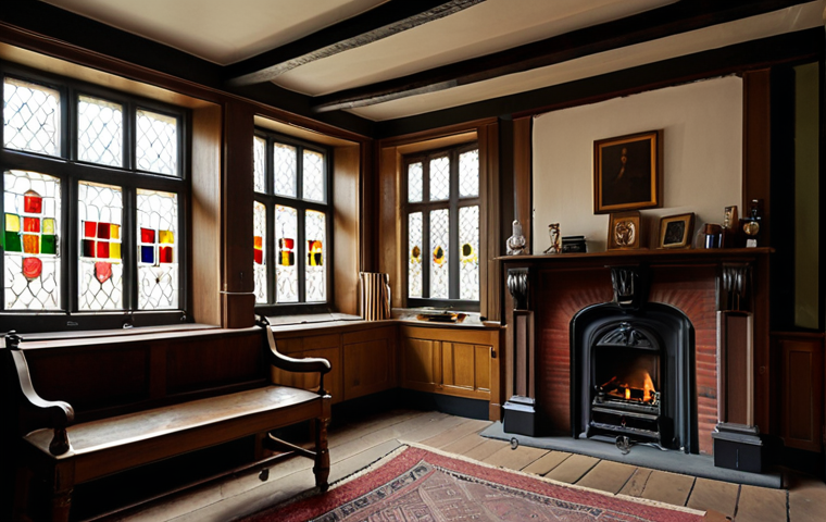 **Image Prompt:** Interior of a traditional Dutch house in Haarlem. Focus on authentic details: beamed ceilings, stained glass windows, original fireplace, cozy atmosphere, old books. Soft light filtering through windows.