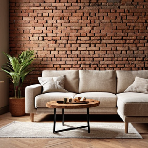 **Image Prompt:** A warmly lit, modern living room interior. One wall is constructed of reclaimed red bricks, showing signs of weathering and age. The overall style is minimalist, but the brick wall adds character and texture. A comfortable sofa and a vintage coffee table are in the foreground. Dutch interior design aesthetic.