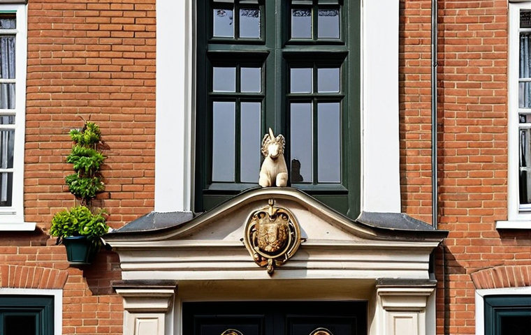 **Prompt:** A quintessential Dutch canal house facade under soft, warm sunlight. Highlight a highly detailed, symbolic 'gevelsteen' (facade stone) prominently displayed, such as one featuring a unicorn or a traditional trade emblem. The house should boast a classic step or bell gable adorned with an intricately carved 'makelaar' (finial), perhaps a lion's head or a fruit basket, showcasing artisanal craftsmanship. Emphasize the texture of weathered bricks, the fine lines of a traditional wooden front door with elegant ironwork, and the overall historical charm, evoking a sense of enduring stories and regional identity.