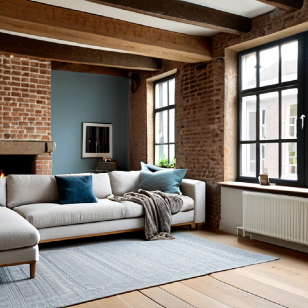 A serene interior view of a Dutch canal house living room. The space features original exposed oak wooden beams and a warm, textured brick accent wall. Soft natural light streams through tall, clear windows, illuminating an antique oak floor. A modern, minimalist sofa with a cozy blanket is positioned opposite a historic fireplace, creating a harmonious blend of old and new. A person, fully clothed in comfortable, modest attire, is sitting on the sofa, quietly reading. The color palette consists of earthy tones, muted blues, and soft off-white walls. Professional photography, high quality, perfect anatomy, correct proportions, natural pose, well-formed hands, proper finger count, natural body proportions, safe for work, appropriate content, family-friendly.