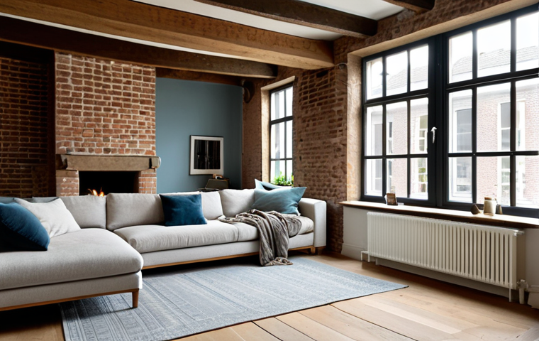 A serene interior view of a Dutch canal house living room. The space features original exposed oak wooden beams and a warm, textured brick accent wall. Soft natural light streams through tall, clear windows, illuminating an antique oak floor. A modern, minimalist sofa with a cozy blanket is positioned opposite a historic fireplace, creating a harmonious blend of old and new. A person, fully clothed in comfortable, modest attire, is sitting on the sofa, quietly reading. The color palette consists of earthy tones, muted blues, and soft off-white walls. Professional photography, high quality, perfect anatomy, correct proportions, natural pose, well-formed hands, proper finger count, natural body proportions, safe for work, appropriate content, family-friendly.