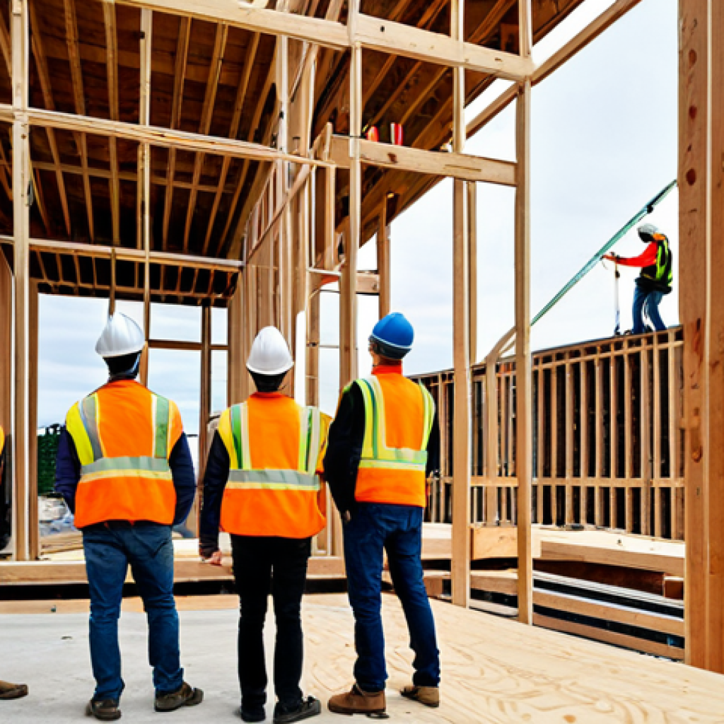 A team of diverse professional architects and engineers, fully clothed in appropriate business attire, including safety vests and hard hats, standing on a clean and active construction site. They are observing the precise installation of large Cross-Laminated Timber (CLT) panels for a multi-story modern timber building. A large crane is visible in the background, carefully positioning a pre-fabricated wooden section. The scene emphasizes innovation, efficiency, and sustainable high-rise wood construction, with a focus on professional collaboration. safe for work, appropriate content, modest clothing, perfect anatomy, correct proportions, natural pose, well-formed hands, proper finger count, natural body proportions, professional photography, high quality.