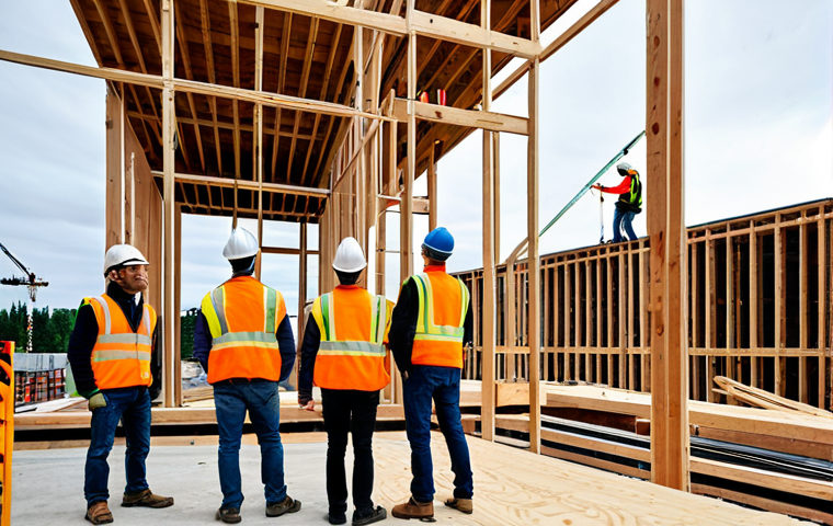 A team of diverse professional architects and engineers, fully clothed in appropriate business attire, including safety vests and hard hats, standing on a clean and active construction site. They are observing the precise installation of large Cross-Laminated Timber (CLT) panels for a multi-story modern timber building. A large crane is visible in the background, carefully positioning a pre-fabricated wooden section. The scene emphasizes innovation, efficiency, and sustainable high-rise wood construction, with a focus on professional collaboration. safe for work, appropriate content, modest clothing, perfect anatomy, correct proportions, natural pose, well-formed hands, proper finger count, natural body proportions, professional photography, high quality.