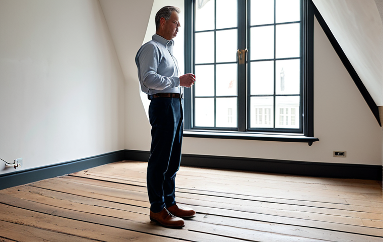 A professional interior designer, fully clothed in a modest business casual outfit, stands in the living room of a renovated old Dutch house, gently touching the surface of a wide, oiled oak plank floor. Sunlight streams through a large, authentic window, highlighting the rich texture and subtle imperfections of the vintage wooden planks. The room has high ceilings and tasteful, minimal decor that complements the historic architecture. The atmosphere is calm and inviting. safe for work, appropriate content, fully clothed, professional, perfect anatomy, correct proportions, natural pose, well-formed hands, proper finger count, natural body proportions, professional photography, high quality, Dutch heritage home.