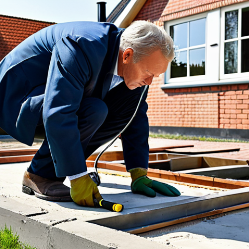 Home 20 Foundation Inspection**
"A house inspector, fully clothed in professional work attire, carefully examining a concrete foundation of a traditional Dutch wooden house. He is using a flashlight and magnifying glass to check for cracks and damage. The setting is a sunny day in a typical Dutch neighborhood with brick houses in the background. Safe for work, appropriate content, perfect anatomy, natural proportions, professional, modest."
**
