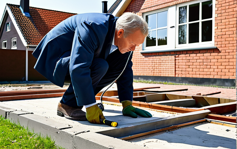Foundation Inspection**
"A house inspector, fully clothed in professional work attire, carefully examining a concrete foundation of a traditional Dutch wooden house. He is using a flashlight and magnifying glass to check for cracks and damage. The setting is a sunny day in a typical Dutch neighborhood with brick houses in the background. Safe for work, appropriate content, perfect anatomy, natural proportions, professional, modest."
**
