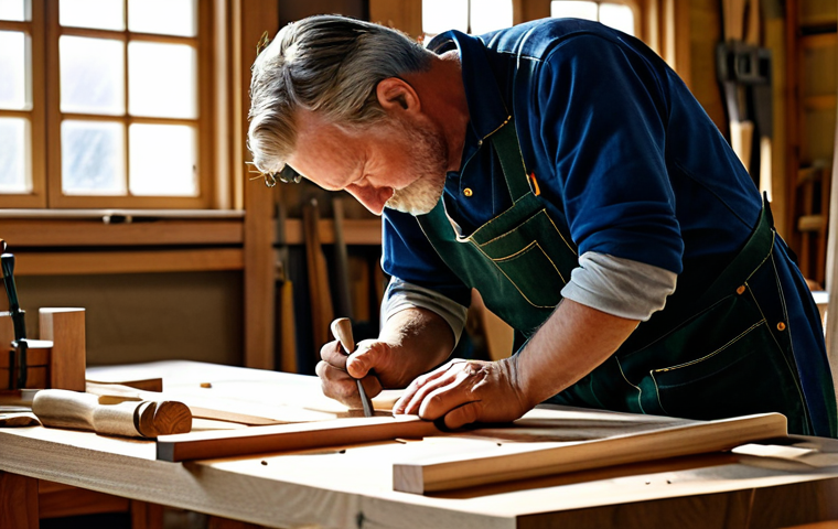 전통 목조 건축 - "A charming, fully clothed woodworker meticulously crafting a traditional mortise and tenon joint in...